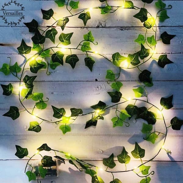 Artificial Ivy, [1 pc] 2M Leaf Lights, Artificial Plants with 20 LEDs and Green Leaf, LED String Light for Garden, Yard, Home, Patio,