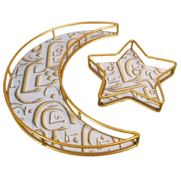 Sæt med 2 Eid Mubarak-motiv serveringsbakker Måne- og stjerneform Ramadan-pynt metal træ lavet til dessertfestival