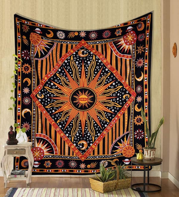 Sol Måne Hippie Mandala Brinnande Sol Psykedelisk Gobeläng Orange
