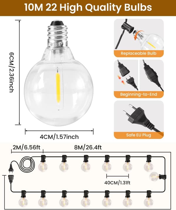 10 m String Lights for Outdoor Use, 20+2 G40 Bulbs, Shatterproof, Waterproof, LED String Lights 10M-yux 10M 10M