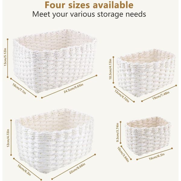 Small Storage Basket, 4-piece set, Stackable Woven Storage Basket for Kitchen, Ideal to use as Bathroom Storage Box (White)