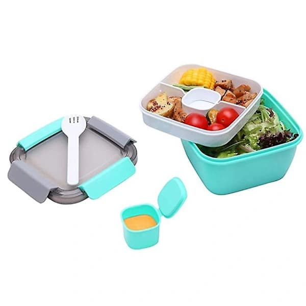 Leakproof Bento Lunch Box with Dressing Container, 3 Compartment Salad Container for Work and School, Green 1500ml Green Green