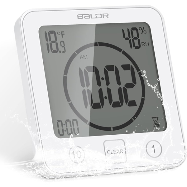 Shower Clock Waterproof, Digital Clock Timer with Alarm, Bathroom Clock with Suction Cup, Temperature and Humidity Display, 3 Mounting Methods White