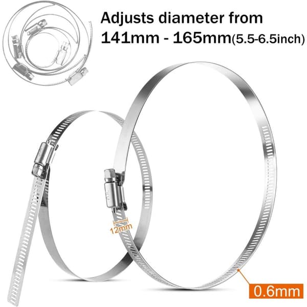 Justerbare slangeklemmer i rustfrit stål 304, 141mm-165mm, 6-pak