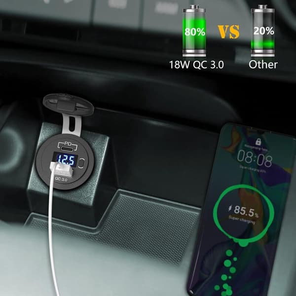 Billaderuttak, Biluttak, med LED-voltmeter og Strømbryter Rask Billader for Bil, Båt, Lastebil