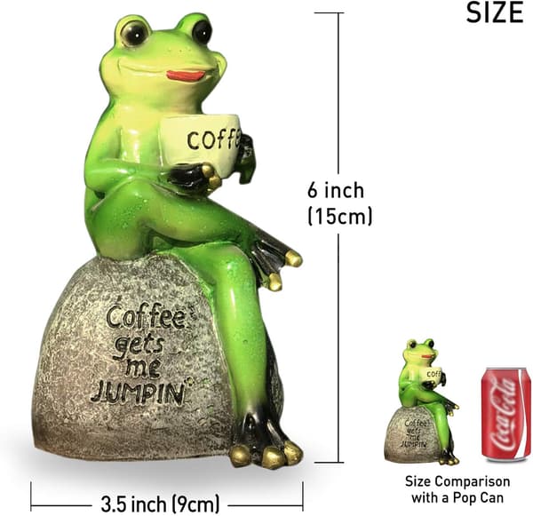 Frøstatue til haven, drikkende kaffe grøn frøfigur til
