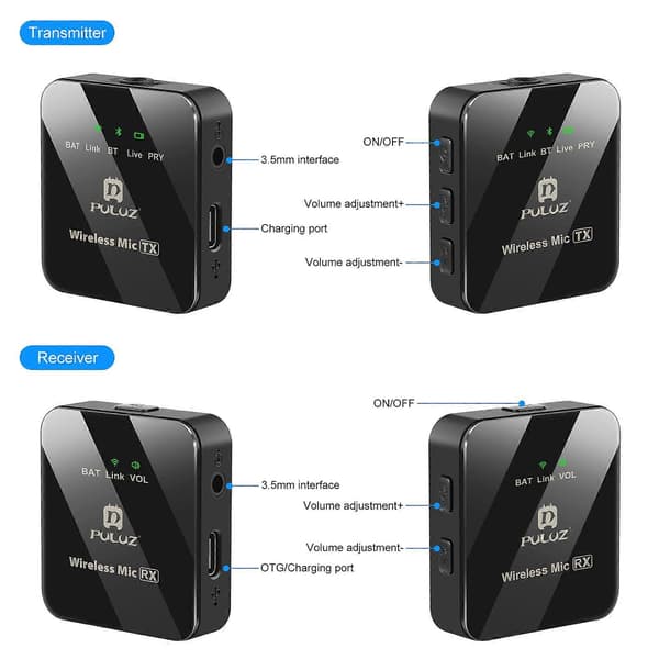 PULUZ 2 TX + 1 RX Langaton Lavalier-mikrofoni (Musta)