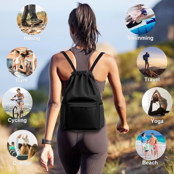 Gym Drawstring Backpack, Water-Resistant Sports Bag with Wet and Dry Compartment and Multiple Pockets, Black 16.5 Inch