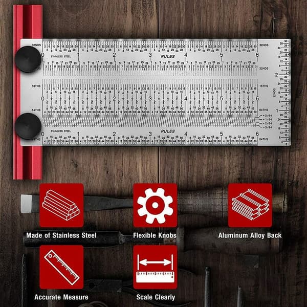 Precision T-Tip Marking Ruler, 6 Inch (15.2 cm) Stainless Steel Positioning Line Gauge, Carpenter T-Tip Marking Ruler