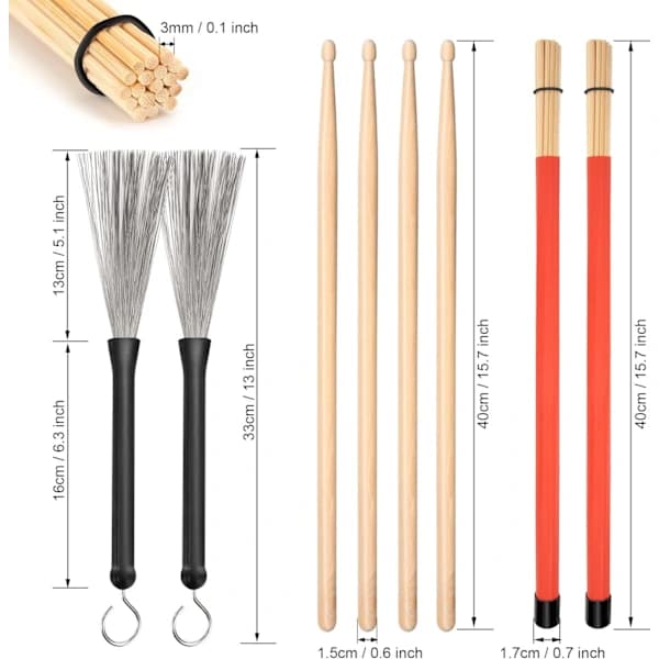 Classic Drum Set, 4 Pairs Maple Drumsticks, Wire Brush and Plug Drums with Storage Bag
