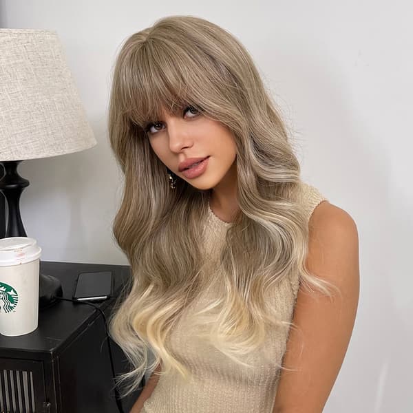 Long Light Brown Synthetic Wig with Wavy Bangs for Women
