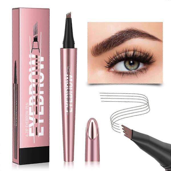 Waterproof 4-Fork Tip Micro Brow Pen Brown, Long-lasting Smudge-proof Natural Eyebrow