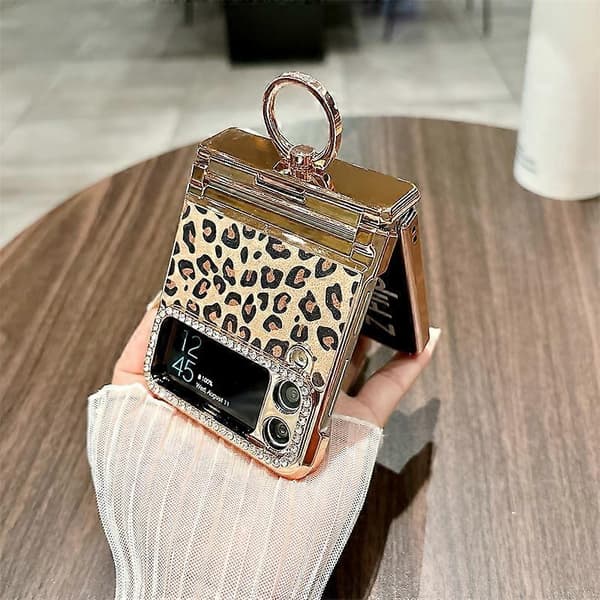 Case for Samsung Galaxy Z Flip3 5G Leopard Pattern Ring Holder Rhinestone Hard PC Phone Case Gold Gold Gold Gold