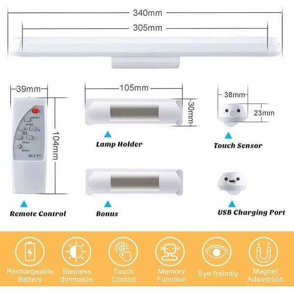 Dimmable LED wardrobe lamp 34 cm with remote control, touch and rechargeable wall lamp, adjustable LED strip under cabinet wireless kitchen with