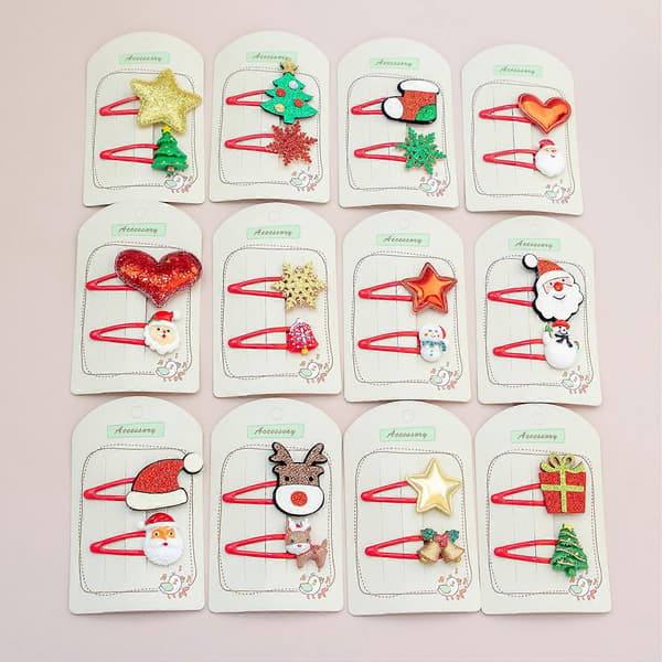 12-pack jultillbehör, julhåraccessoarer, massor av julelement, älg tomte julgran hårspännen för julklapp