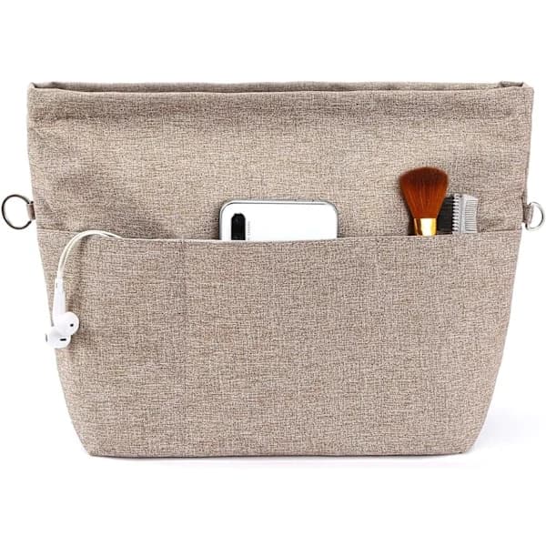 Handbag Organizer, Tote Bag Insert with Multiple Compartments and Zippers, Sturdy Bag Insert with Keychain. Light Brown, S S