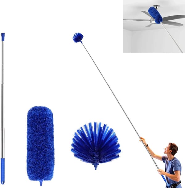 Cobweb Duster - Ceiling Brush, Extendable up to 2.5 m - with 2 Replacement Heads - for High Walls, Fans, Blinds - Blue