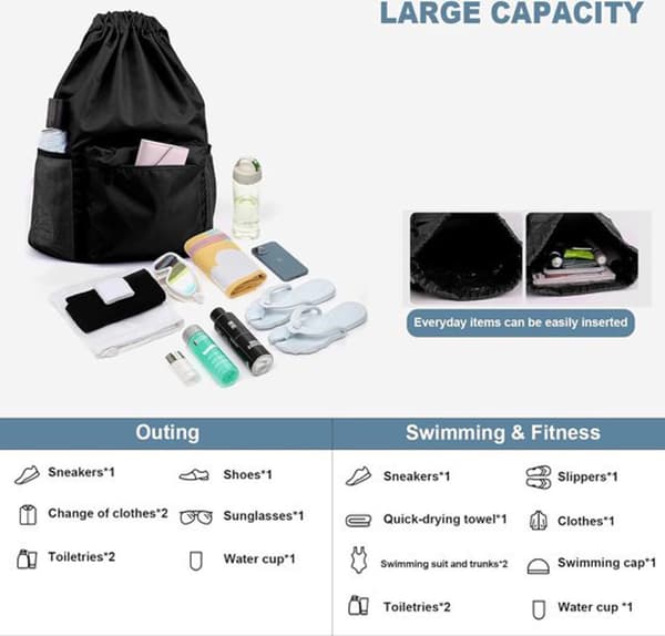Gym Drawstring Backpack, Water-Resistant Sports Bag with Wet and Dry Compartment and Multiple Pockets, Black 16.5 Inch