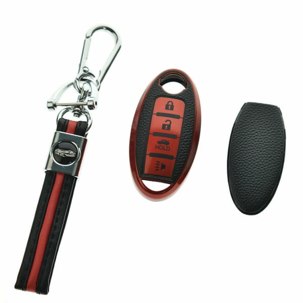 Leather Case with Keychain for 4-Button Remote Key for Infiniti Nissan Blue