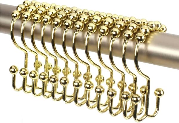 12-pack dubbla duschdraperikrokar (dekorativ guldfinish) tillverkade av premium rostfritt stål