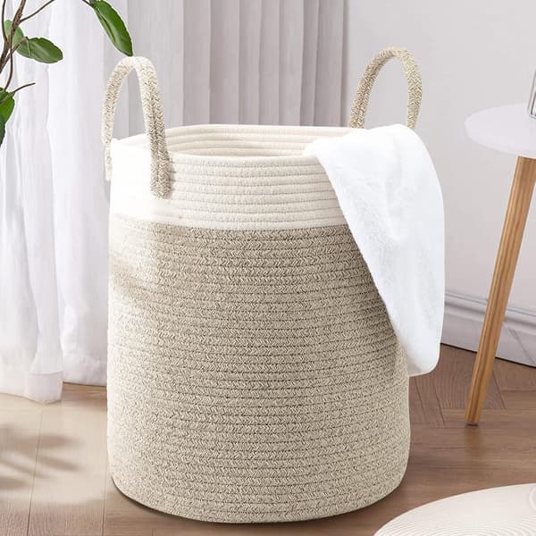Knitted Cotton Laundry Basket (35x40cm), Large/Sorter, Foldable Handle, for Nursery/Toy Storage