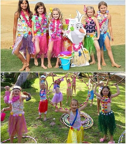 5 sæt 25 stk hawaiianske græsskørter hula nederdel sæt inklusive blomsterhalskæde