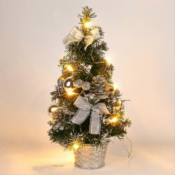 40CM Mini Artificial Christmas Tree, Small Christmas Tree with LED Lights, Mini Tabletop Tree Decoration for Office Commercial Bar, Silver