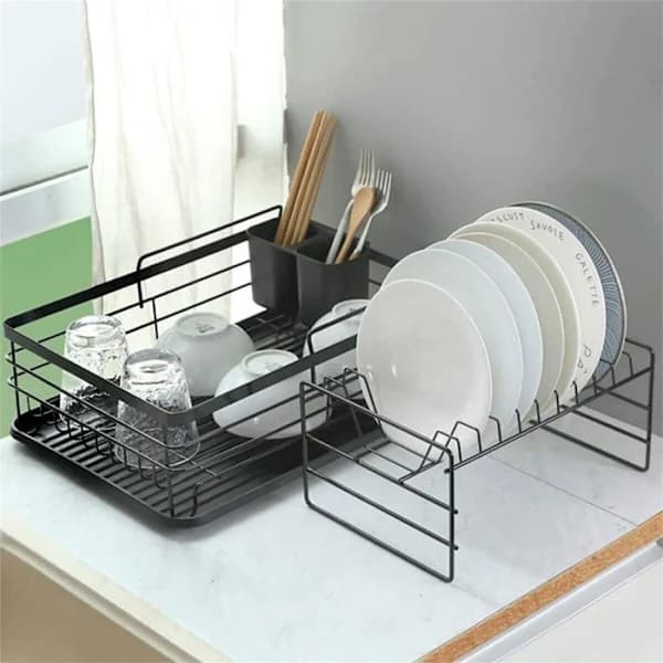 Dish rack, 2-tier stainless steel dish rack for kitchen with utensil holder, 43x32x27cm