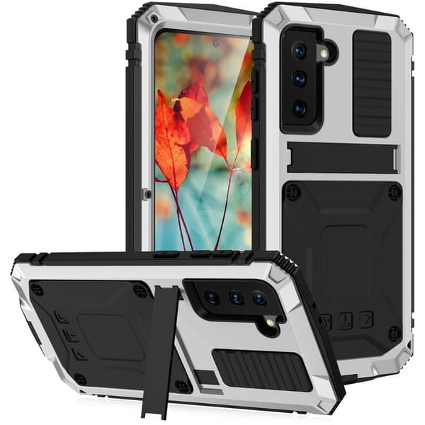 Etui til Galaxy S21 360 Full Metal + TPU Armor Stand til S21 Støtsikkert Etui Sølv