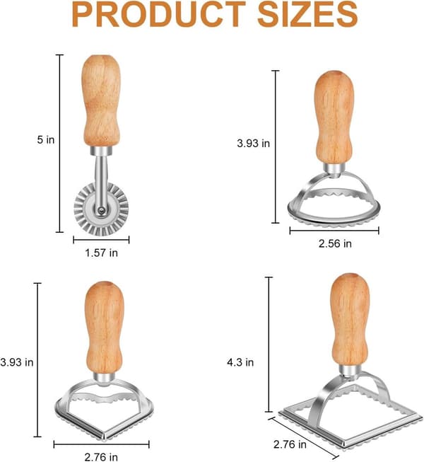 Sett med 4 raviolikuttere - Deigrulle - Deigkutter - raviolikutter - raviolimaker - Raviolimaker med trehåndtak