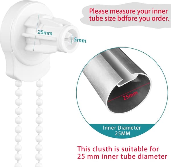 Roller Blind Repair Kit, 25mm, with Wall Brackets, Beaded Chain, Child Safety Clips, White, 2 Sets