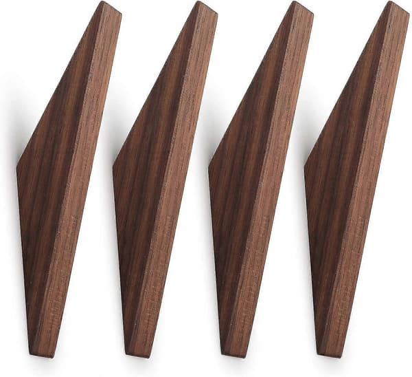 set of 4, natural black walnut wood wall hooks, wall mounted single wall hook