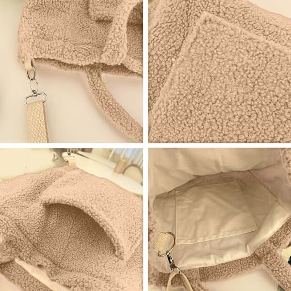 Blød skuldertaske stor mulepose håndtaske kunstig pels shopping beige