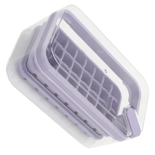 Ice Cube Tray 32 Compartments Double Layer Easy Release Ice Maker Mold with Container Lid for Cocktail Whiskey Coffee Purple