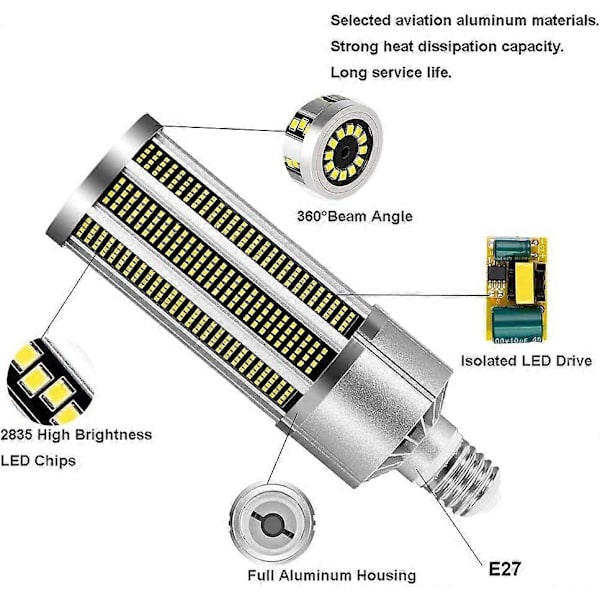 50W LED Corn Bulb - E27/E39/E40 Ultra Bright Ceiling Light, 3000K 6000LM Warm White, 350W Equivalent for Warehouse & Garage