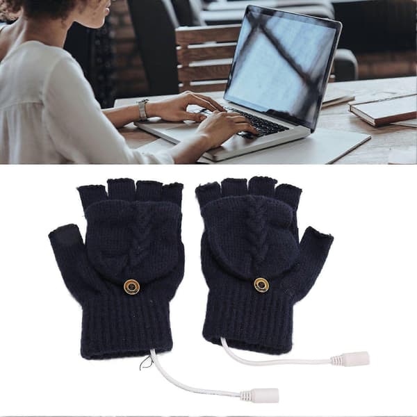 USB-opvarmede handsker med flip-design, fingerløse elektroniske strikhandsker til mænd og kvinder, vinter, mørkeblå
