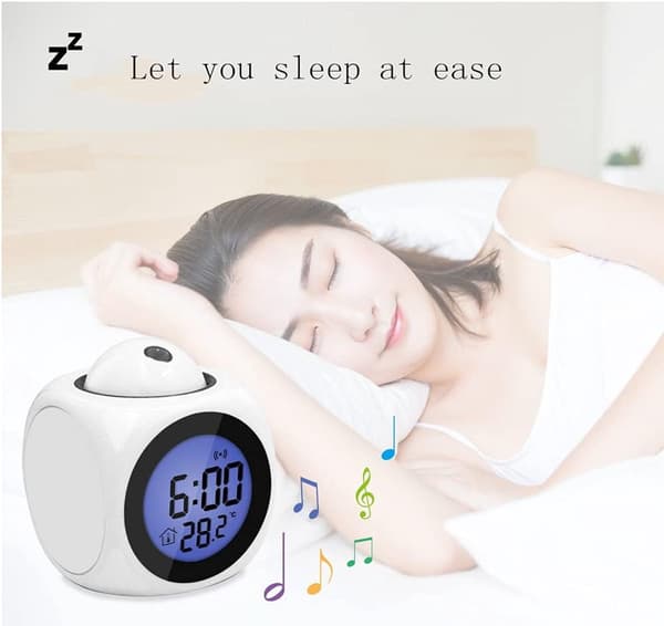 Digital Projection Alarm Clock with Ceiling Display, Voice Announcements, Temperature Display, Battery Operated, White