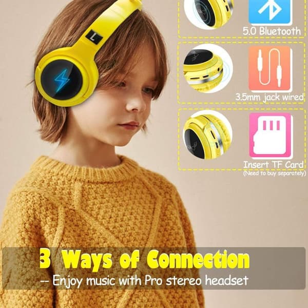 Børneheadset gaming headset med mikrofon, LED-lys, Pikachu gul