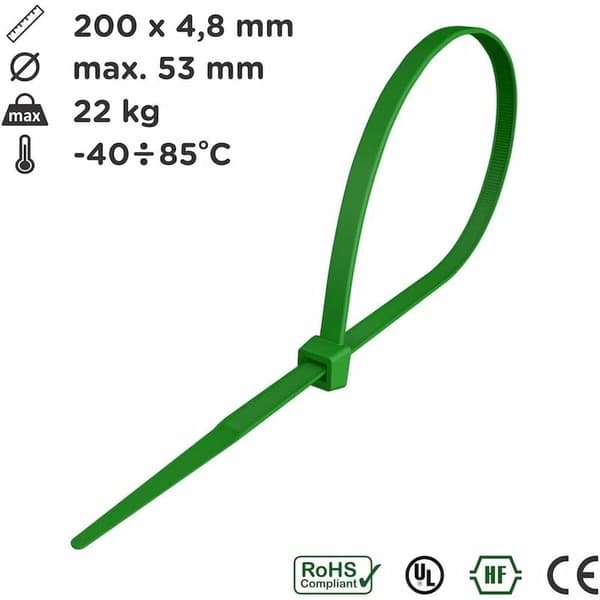 Kabelbindere 200 mm x 4,8 mm, Kabelbindere, Nylonkabelbindere, 200 mm Kabelbindere, Grøn, Pakke med 100