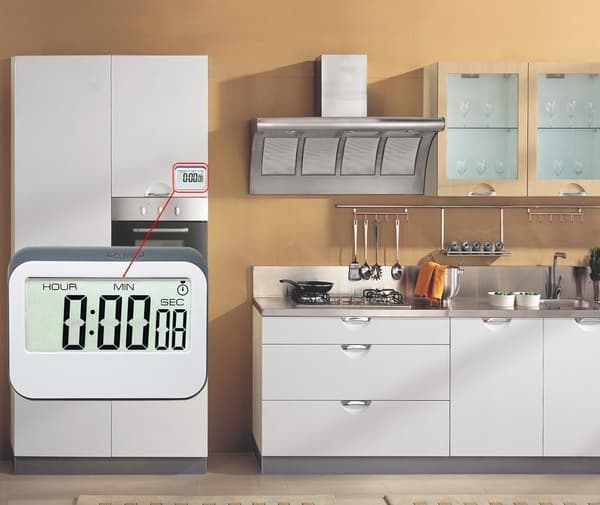 Digital køkkentimer 12/24 timer vækkeur med magnetisk bagside og udtrækkeligt stativ, stort LCD-display