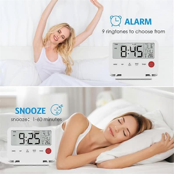Travel Alarm Clock, Portable Digital Alarm Clock, Compact Calendar Timer with Snooze, 12/24H Display, for (LGL) White White