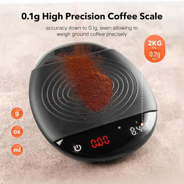 Digital Coffee Scale with Timer - Rechargeable Espresso Scale 2kg/0.1g High Precision Weighing in g oz ml Pour Over Coffee