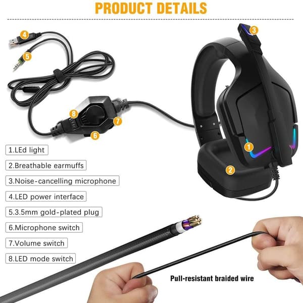 Gaming Headset, Kule LED-lys hodetelefoner med mikrofonlys, PC