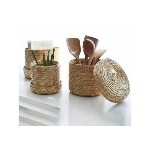 Woven Storage Basket with Lid, Handmade Straw Snack Organizer Storage Box, Laundry Baskets, Rattan Storage Flower Basket