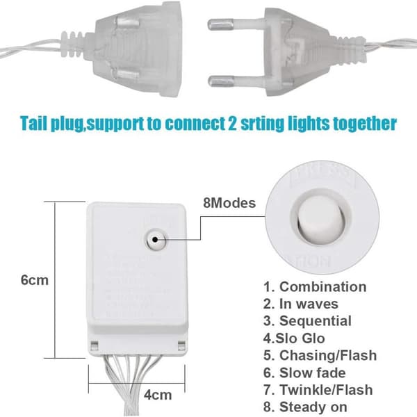 Snøfnugg gardinlys, 3,5m, 96 LED-lys, 8 lysmoduser