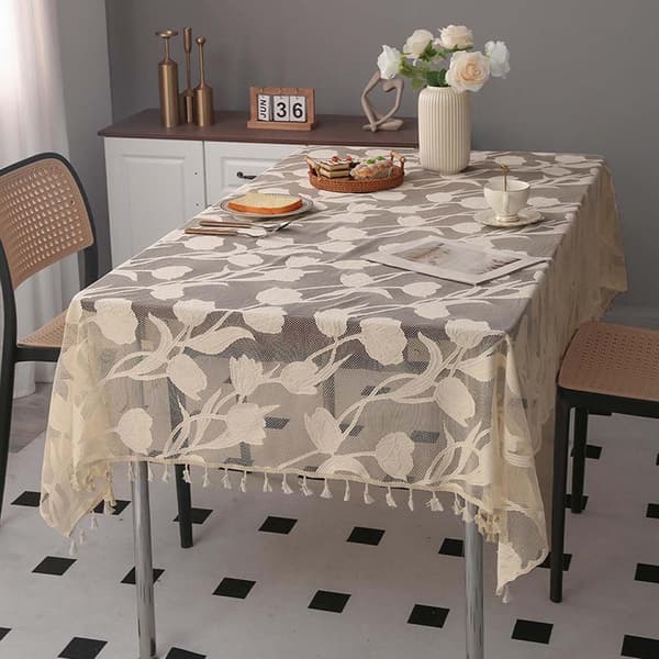 Enkel duk med dusker, rektangulær blondeduk til hjemmet, ikke-vaskbar kaffeduk, beige, 140*180cm