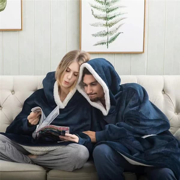 Pyjamas Oversized Hettegenser Filt Sweatshirt Ultra Plysj Varm Pullover Blå