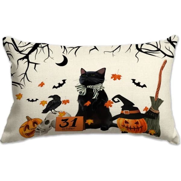 Halloween Pudebetræk 30x50 cm Sort Kat Græskar Akvarel Halloween