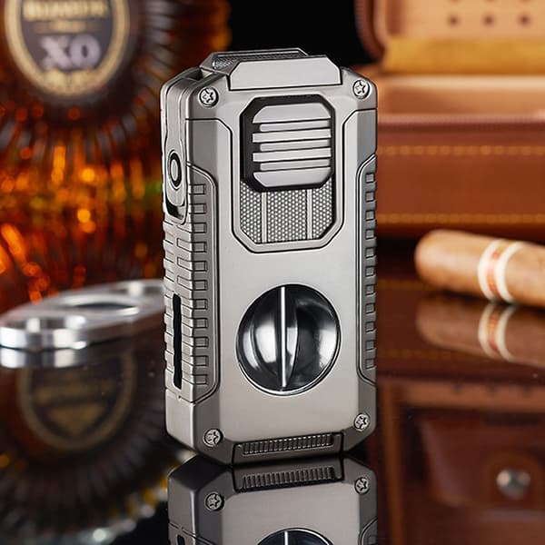 5-in-1 Lighter with Cutter, Punch, Holder, and Draw Enhancer, Triple Windproof Flame, All-in-One Lighter with Multifunctional Accessory Green Green