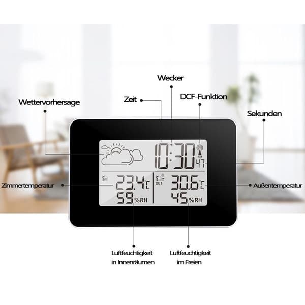 Vejrstation med radiovækkeur, termo/hygrometer og trådløs udendørssensor